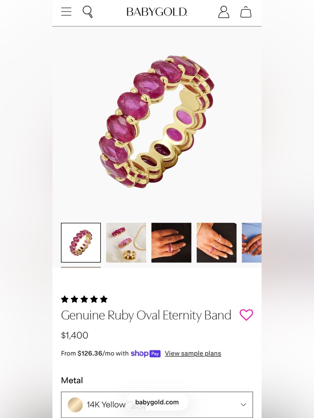 Baby Gold Genuine Ruby Oval Eternity Band Size 5.5 - Picture 2 of 4